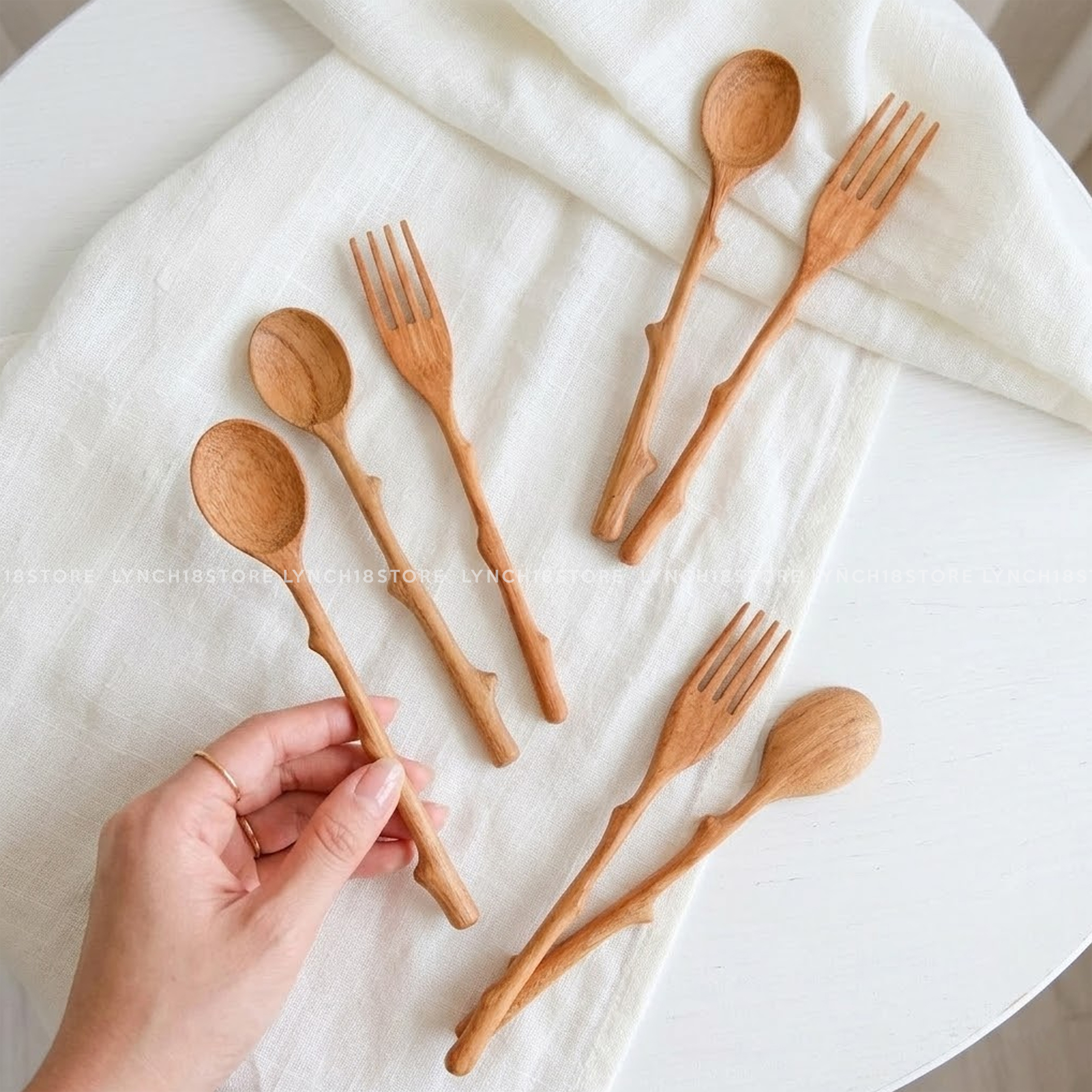 Hand Carved Wooden Spoon & Fork Set – Rustic Twig Design, Natural Kitchen Utensils, Eco Friendly Gift