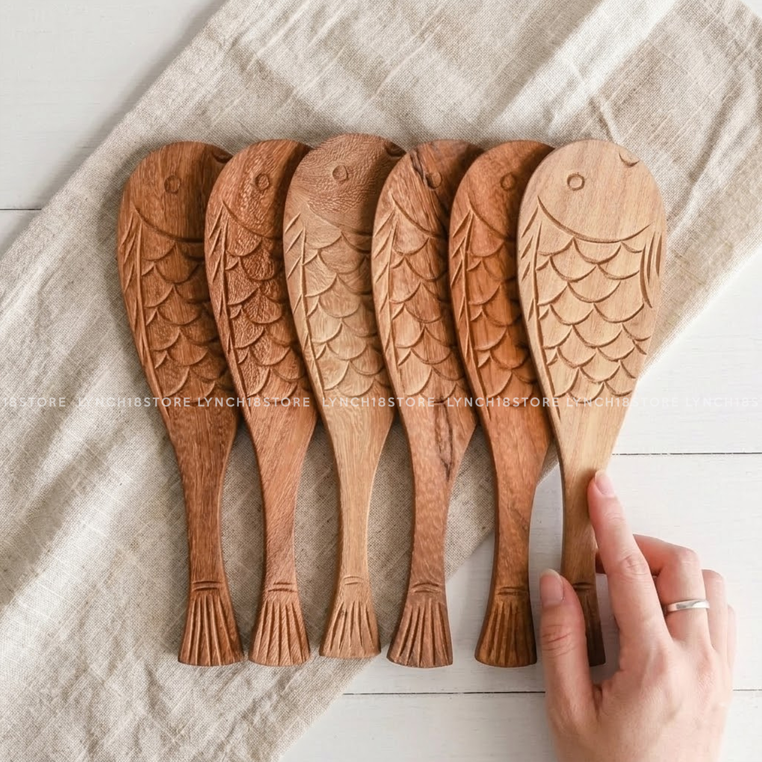 Hand-Carved Fish Wooden Rice Paddle – Doussie Wood Serving Spoon – Handmade Kitchen Utensil – Natural Cooking Tool