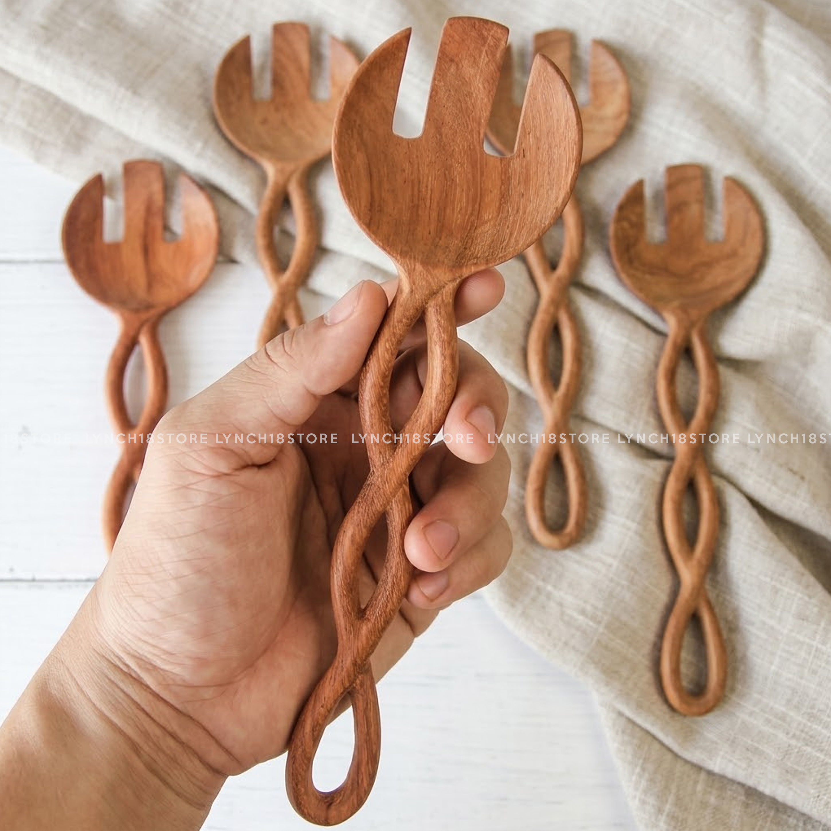 Hand Carved Wooden Salad Servers: Twisted Handle, Personalized Spoon